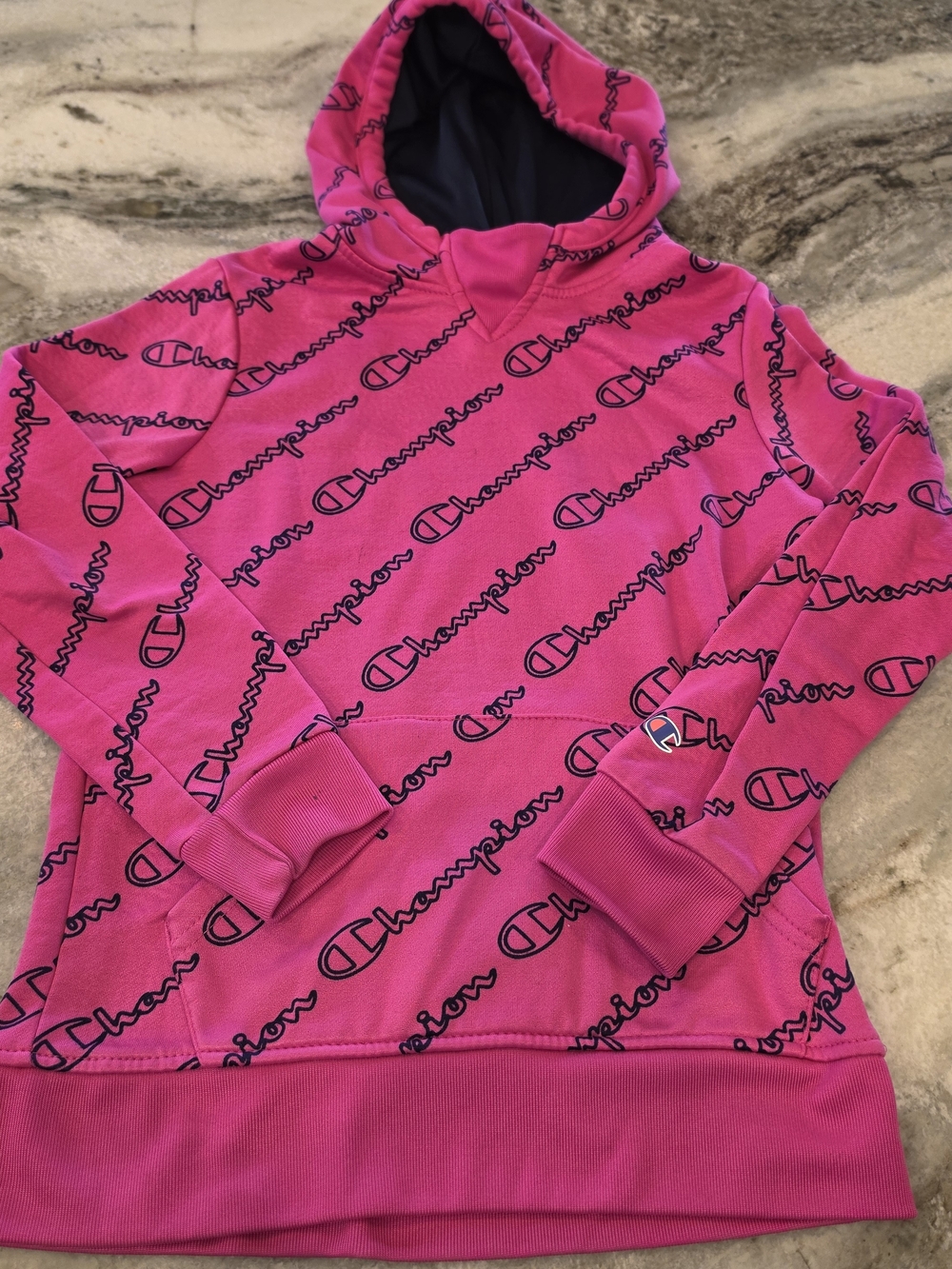Girl's Champion Pink Allover Logo Pullover Hoodie